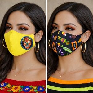 Handmade Ladies Reversible Face Mask Black Yellow Halloween Candy Sugar Skull